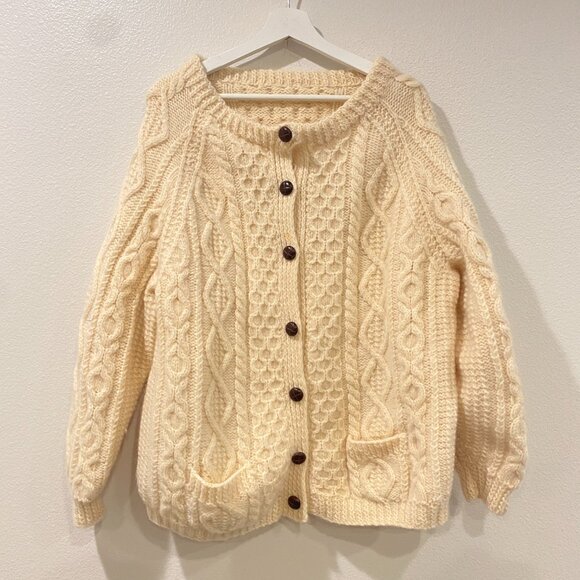 Vintage Irish Wool Fisherman Cardigan Cream Cable Knit Sweater - Picture 2 of 15